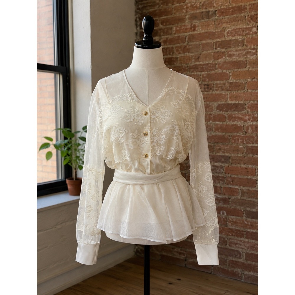 Vintage Ivory Lace Sheer‎ Peplum Tie Waist Blouse Gold Button Elegant Top M